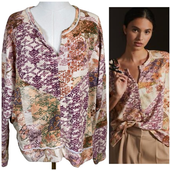 Pilcro Tops - Pilcro Patchwork Split Neck Sweatshirt Women M Floral Anthropologie Boho Artsy